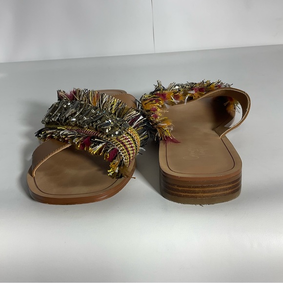 Crown Vintage Somaya Fringe Boho Jeweled Slip on Leather Open Toe Sandals Tan 9M - Picture 12 of 16